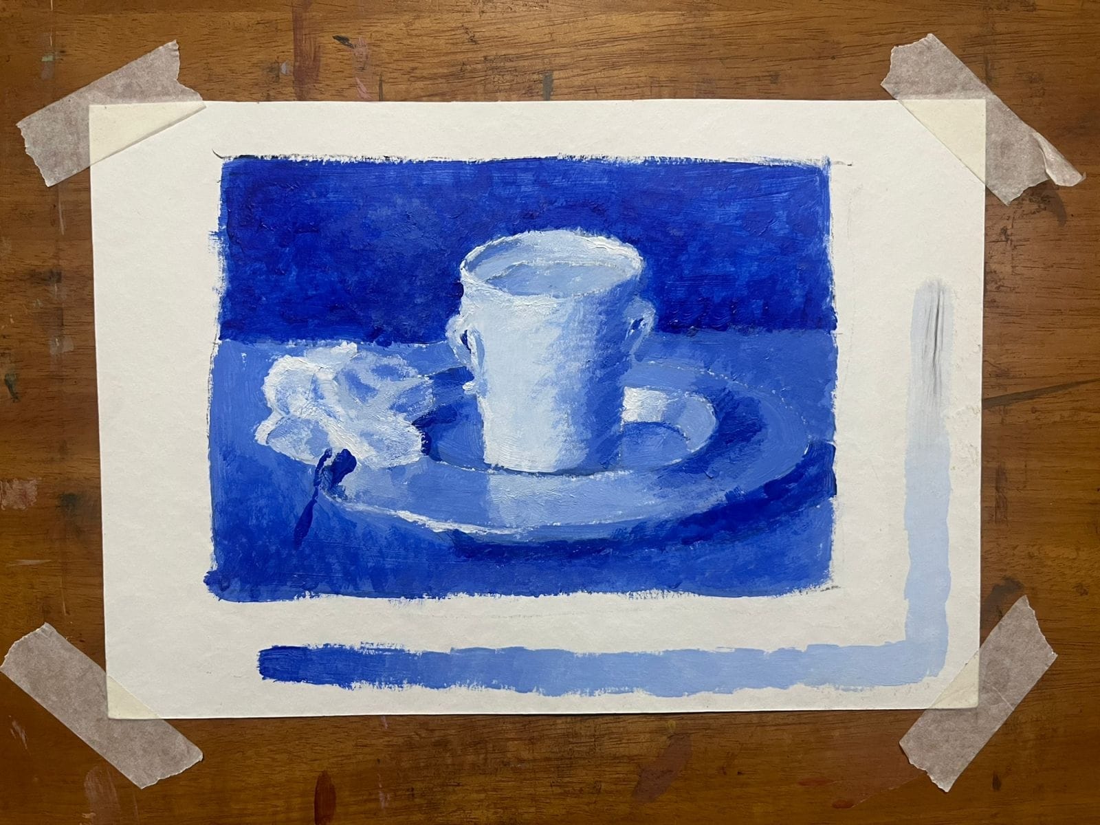 Aluna fazendo um estudo a óleo de uma paisagem com árvore no atelier de Gabriel Paz em Botafogo.
